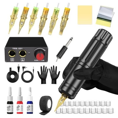 Wireless Tattoo Kit Complete for Beginners Pen Machine with Power Supply Needles