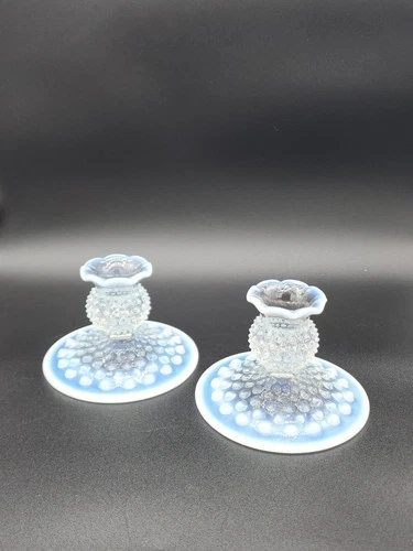 2 Vtg Fenton Hobnail Ruffled Opalescent Moonstone Glass Candlesticks Holders