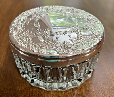 Vintage Vanity Powder Dresser Jar Round Glass Silver Plated Jewelry Trinket Box