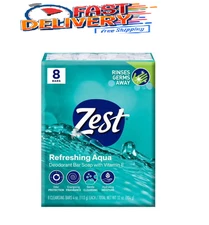 Zest Deodorant Bar Soap, Hydrating Moisture for All Skin Types, Aqua, 4 oz, 8 Ba
