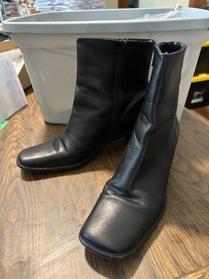 Coach Black Leather Square-Toe Ankle Boots with Side Zip