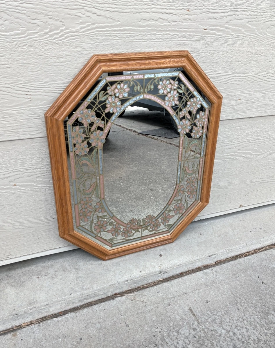 Vintage Windsor Art Pastel Blue Bonnets Etched Floral Octagonal Oak Wall Mirror