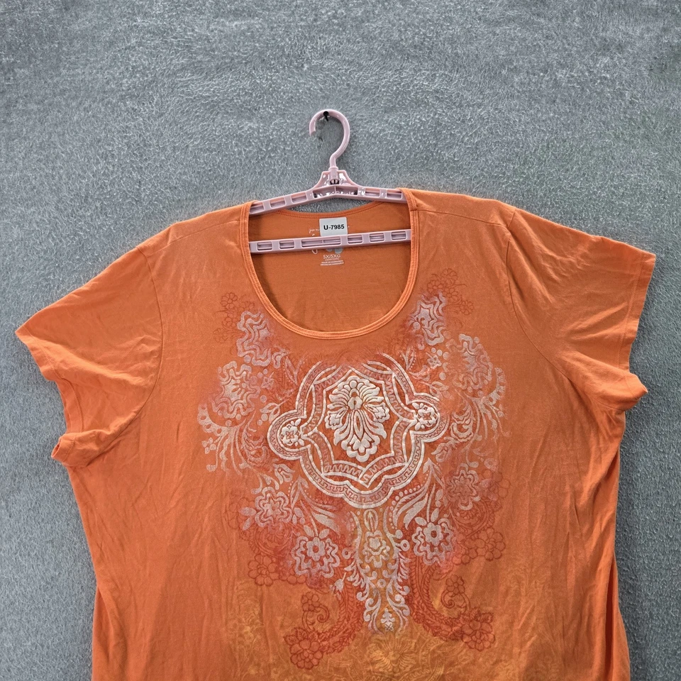 Just My Size Women Shirt 5X (30W-32W) Orange Floral Crew Neck Pullover - Image 4 of 4