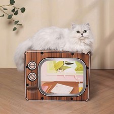 2 in 1 Vintage TV Shape Cat Scratching Cardboard Kitten Play Bed Pet House Box