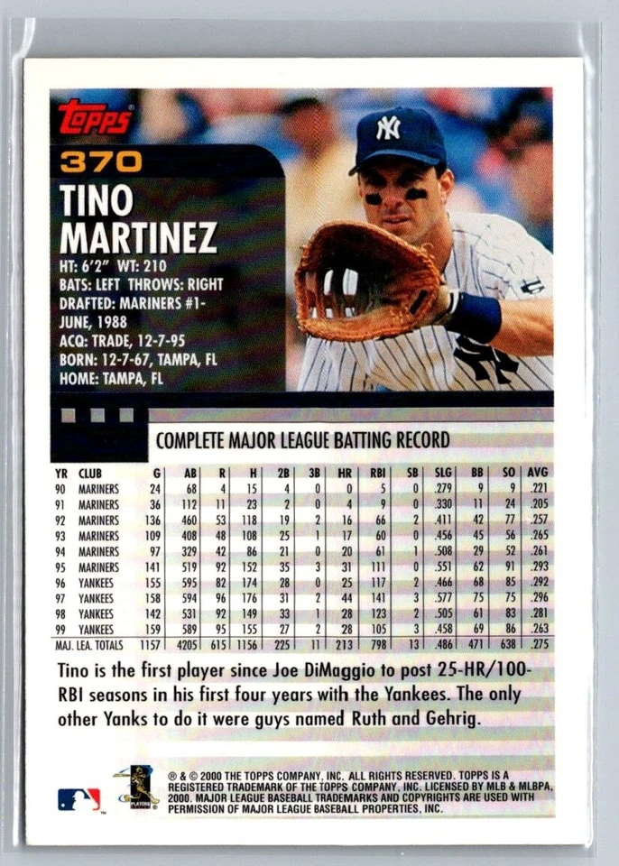 2000 Topps - #370 Tino Martinez - Image 2 of 2