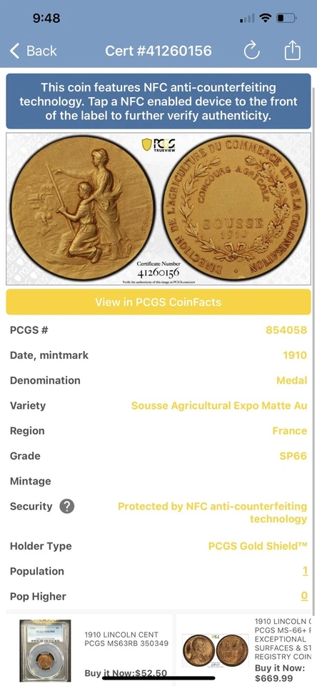 G054 FRANCIA. Colonial francés: Túnez. Medalla Premio de Oro Sousse Agricultural Show Foto 2 de 4