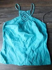 Broidery TOP warehouse LINEN aqua blue turquoise gr8 w white trousers 12 