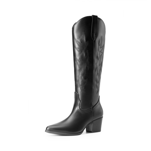 Women Low Chunky Heel Pointed Toe Zip Up Knee High Boots Cowboy Western Boot - Picture 3 of 27