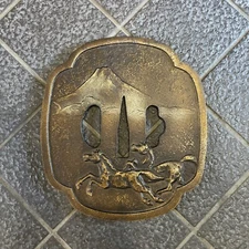 Antique Tsuba Japanese Sword Guard Samurai Katana Horse Mt.Fuji