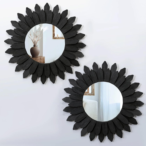 Boho Wall Decor Mirrors for Wall 2 Pack 12 inch Wood Decorative Mirror for Room