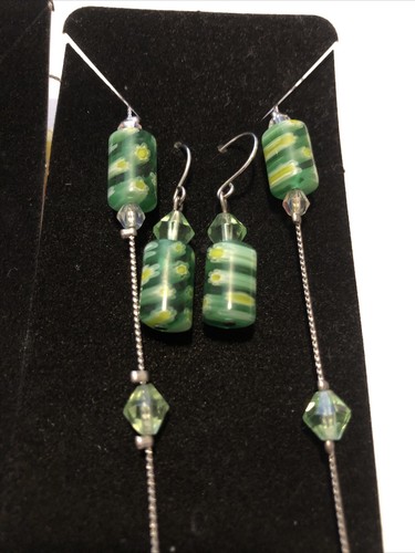 Glass Bead Necklace Pierced Earrings Set Silver Tone Chain 30 Inches Lot Of 3 - Picture 5 of 5