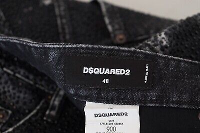 DSQUARED2 Jeans Black Crystal Embellished Tattered Denim DSQUARED2 Jeans Black Crystal Embellished Tattered Denim