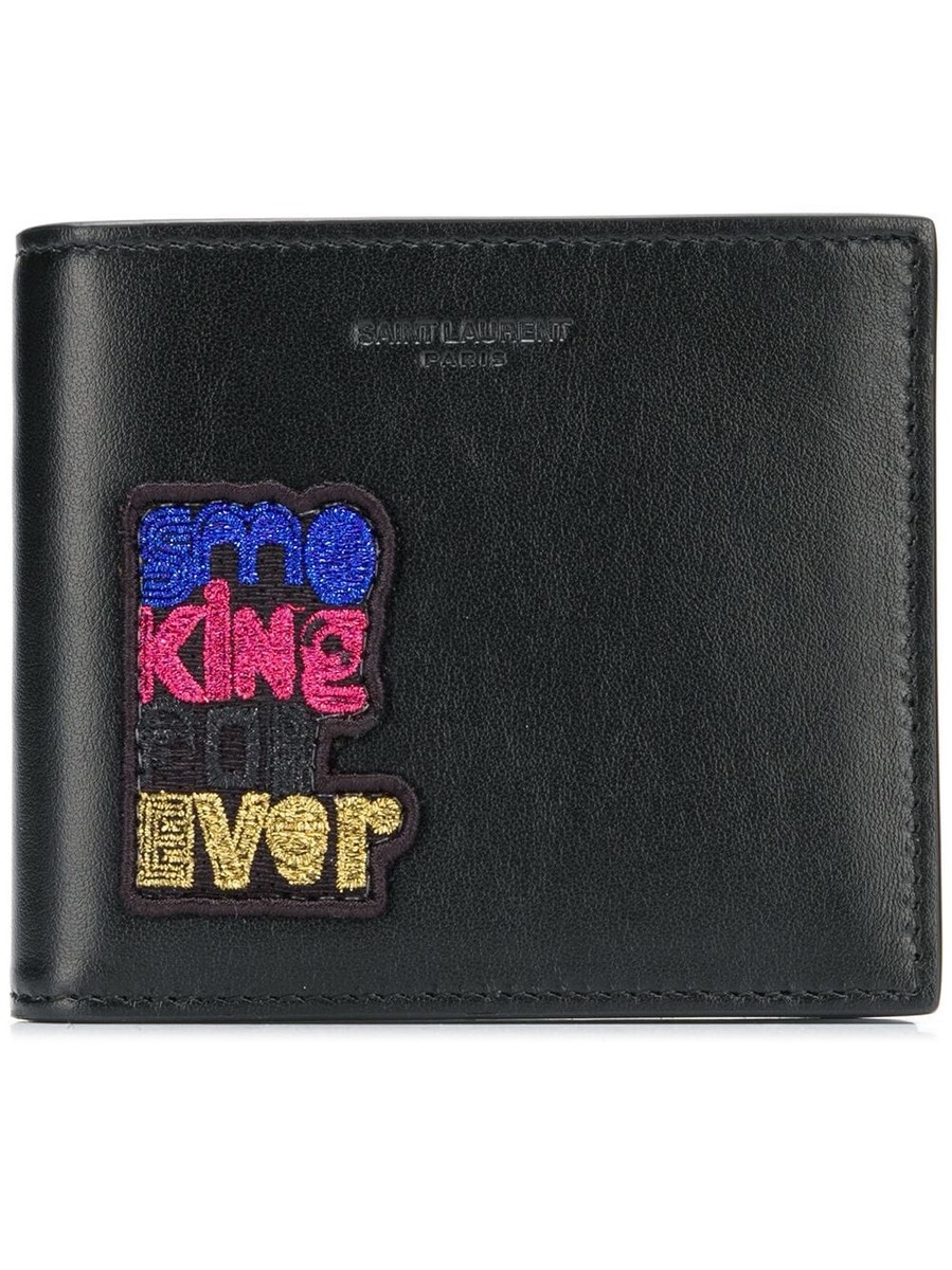 New Saint Laurent ‘Smoking Forever’ Patch Black Leather Bifold Wallet 