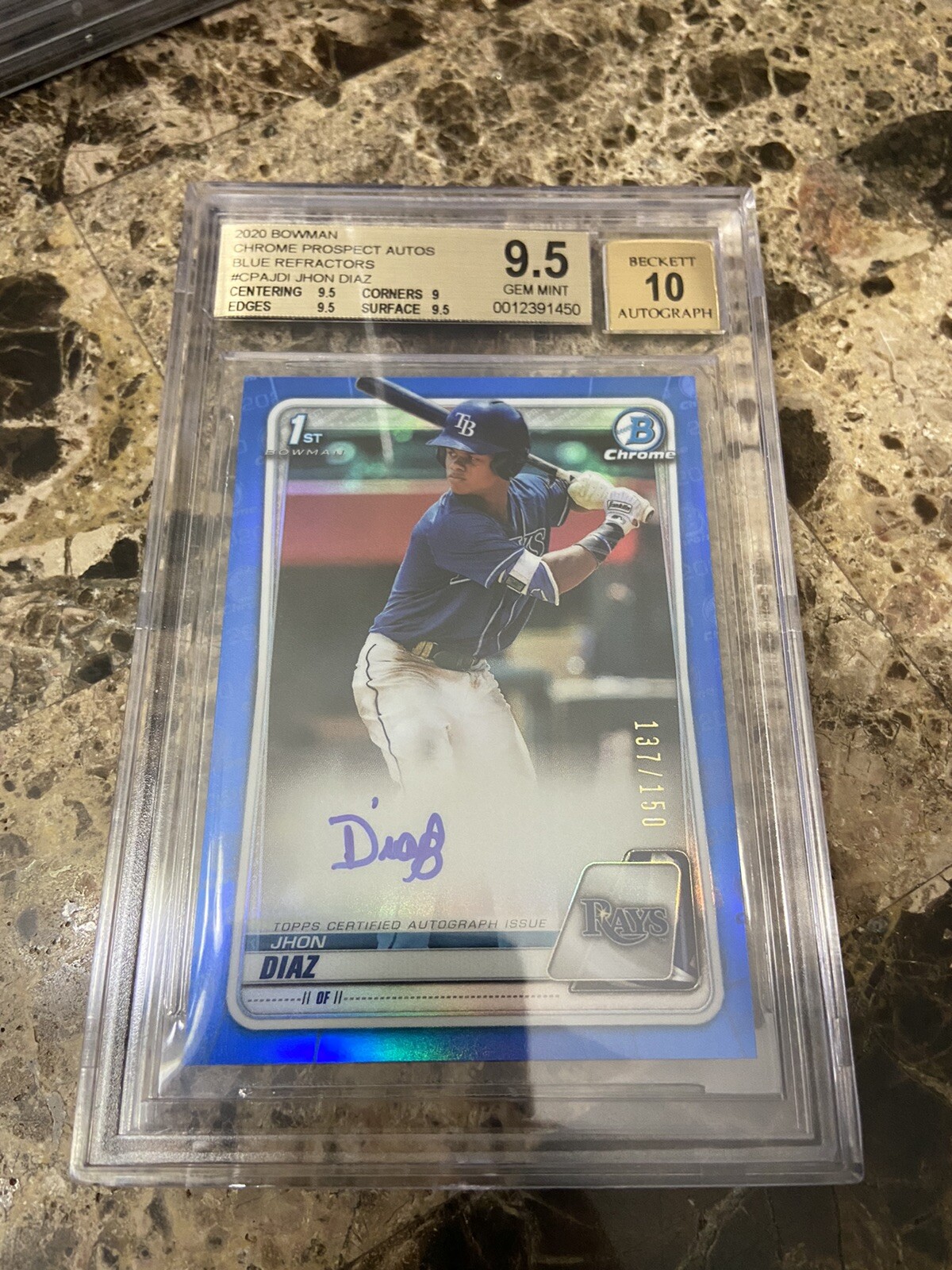 2020 BOWMAN CHROME JHON DIAZ AUTO BLUE REFRACTOR /150 BGS 9.5  RC