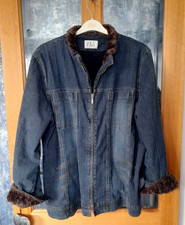 Ladies Blue Denim Zip Up Jacket With Faux Fur Trim By Elvi - Size 18
