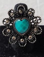Silver Tone Cocktail Ring W/Turquoise Colored Heart Stone 7 Adjustable J10-1062