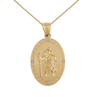 Massives Gold Heiliger Christophorus gravierbares Medaillon Diamant Anhänger Halskette (1'')