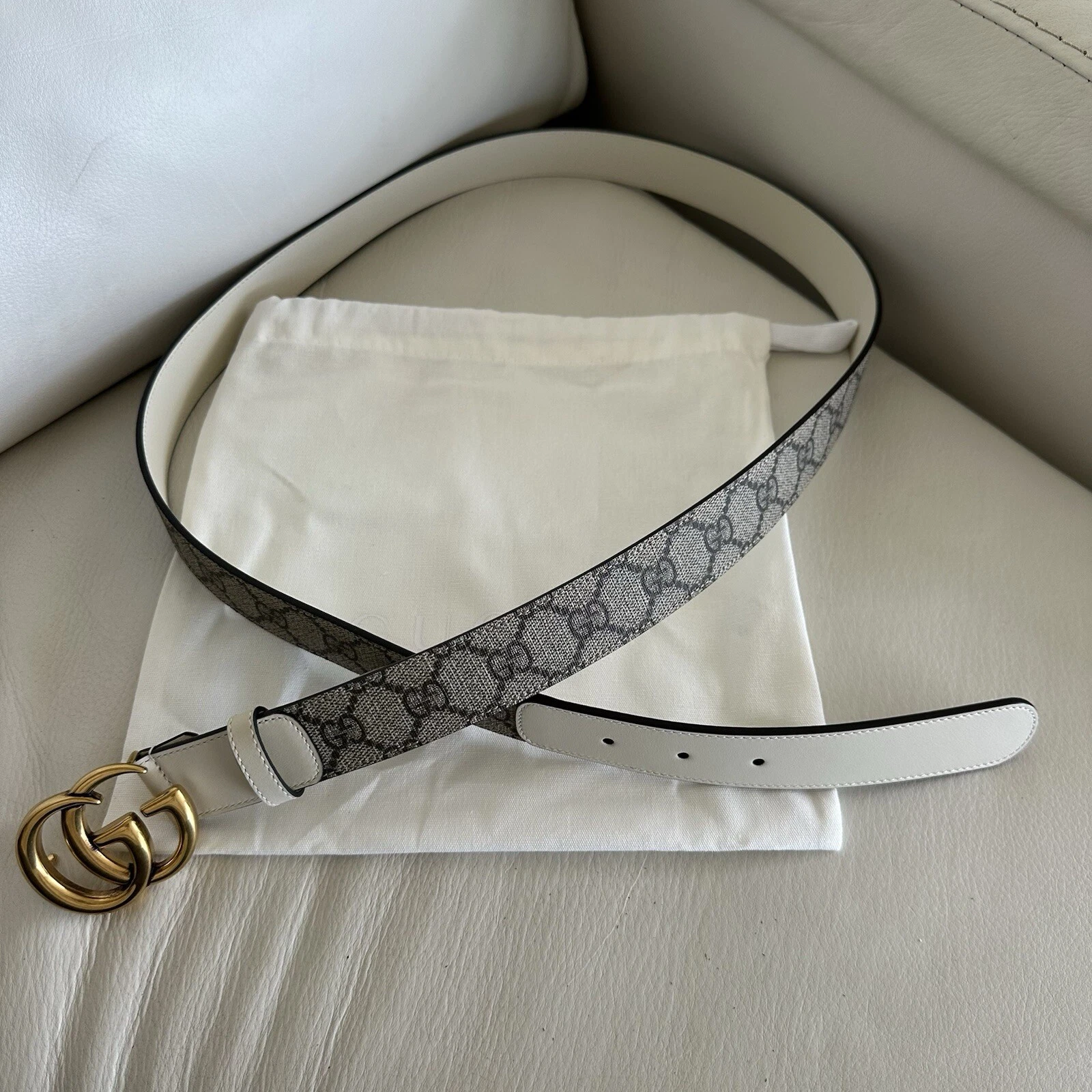Ceinture neuve GUCCI blanche suprême marron 625839 taille 120 cm 48 po 