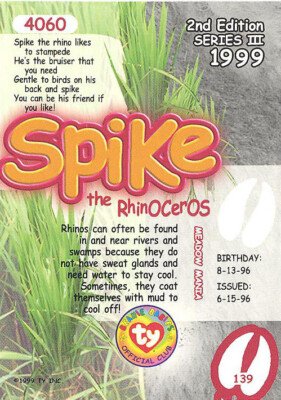TY Beanie Babies BBOC Card Series Common Spike the Rhino NM/Mint