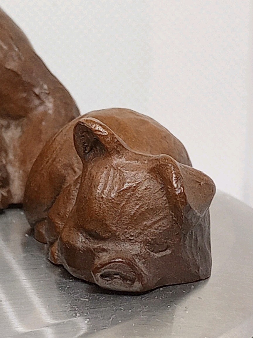 Red Mill Pig Figurines Carved Pecan Shell Resin Mama and 2 Piglets Vintage