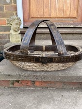 Vintage Chinese Woven Willow Basket Trug With Handpainted Bentwood Cross Handles
