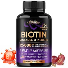 Biotina con Colágeno y Queratina 60 Cápsulas - Promueve el Crecimiento del Cabello, Piel Radiante