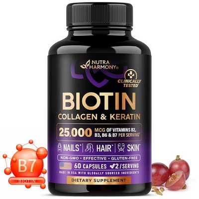 Biotin with Collagen & Keratin 60 Capsules - Promotes Hair Growth, Radiant Skin