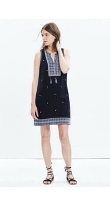 Madewell Embroidered Suncoast Dress 100% Cotton Sleeveless Black Blue Size US 6