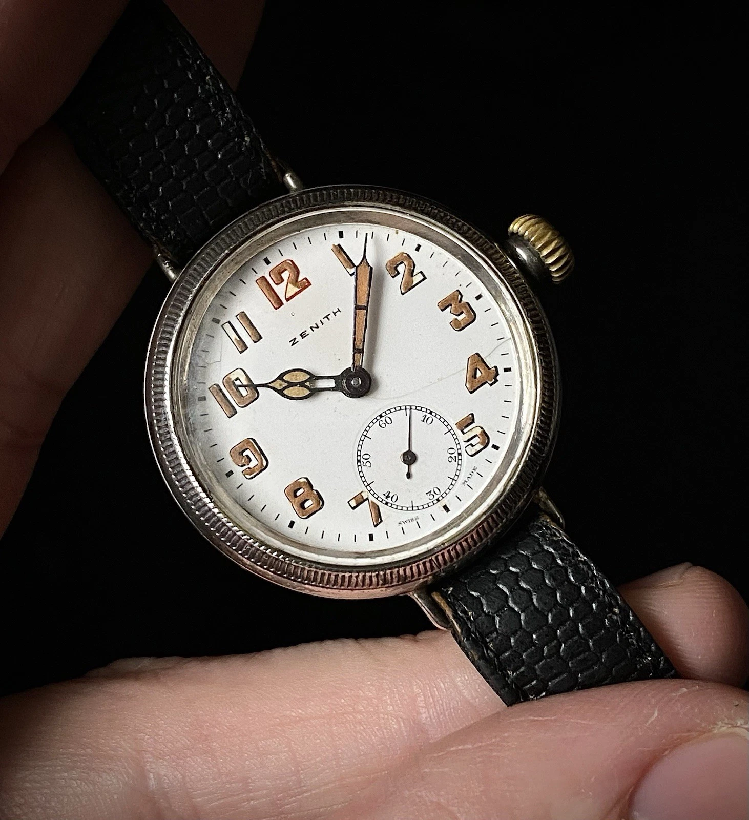 Zenith — 1918 Zenith silver Dennison case enamel dial trench watch Zenith cal NVS1