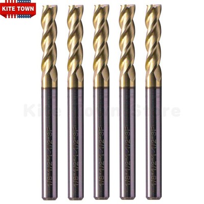 5Pcs 1/8'' 37° Helix 3 Flute Carbide Square End Mills For Aluminum - ZrN Coated