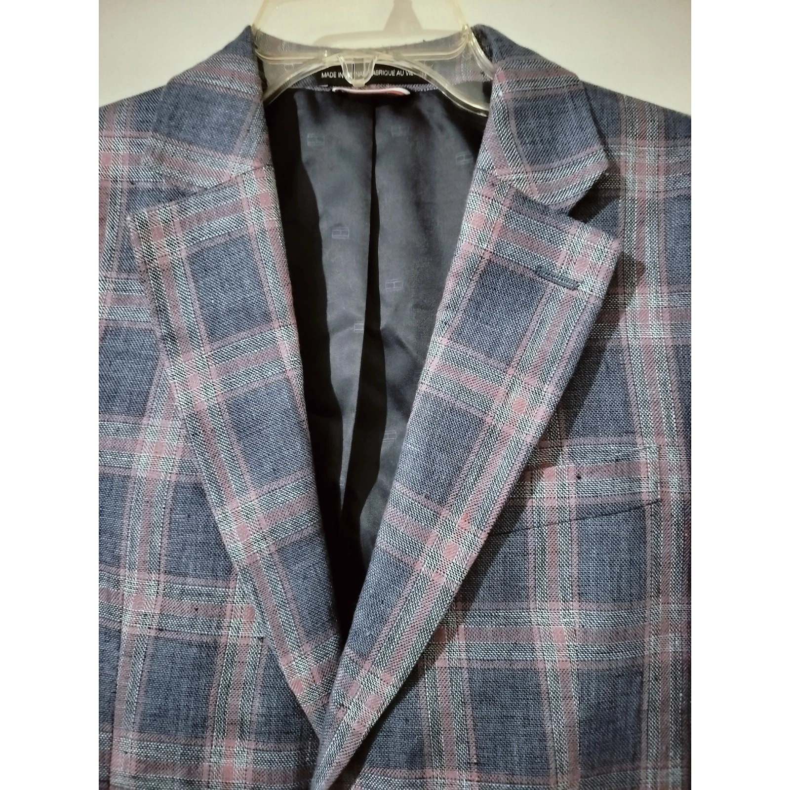 M1250) Tommy Hilfiger Men Blue Plaid Linen Two Button Sports Jacket Size 36S image 4
