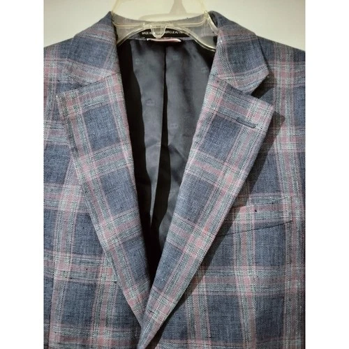 M1250) Tommy Hilfiger Men Blue Plaid Linen Two Button Sports Jacket Size 36S image 4