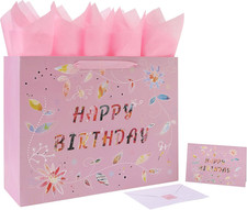 16.5 Extra Large Happy Birthday Gift Bag Set with Handles, Greeting Card, Tissu
