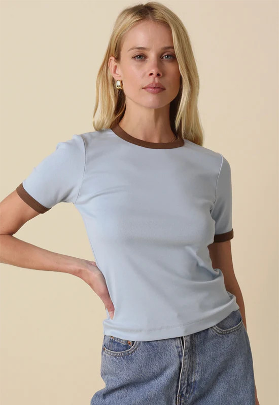 Ivy Contrast Trim Crew Neck Top - Blue Brown