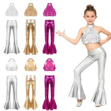 Girls Dance Outfits Costume Dancewear Sequins Crop Top with Ruffle Bell-Bottom