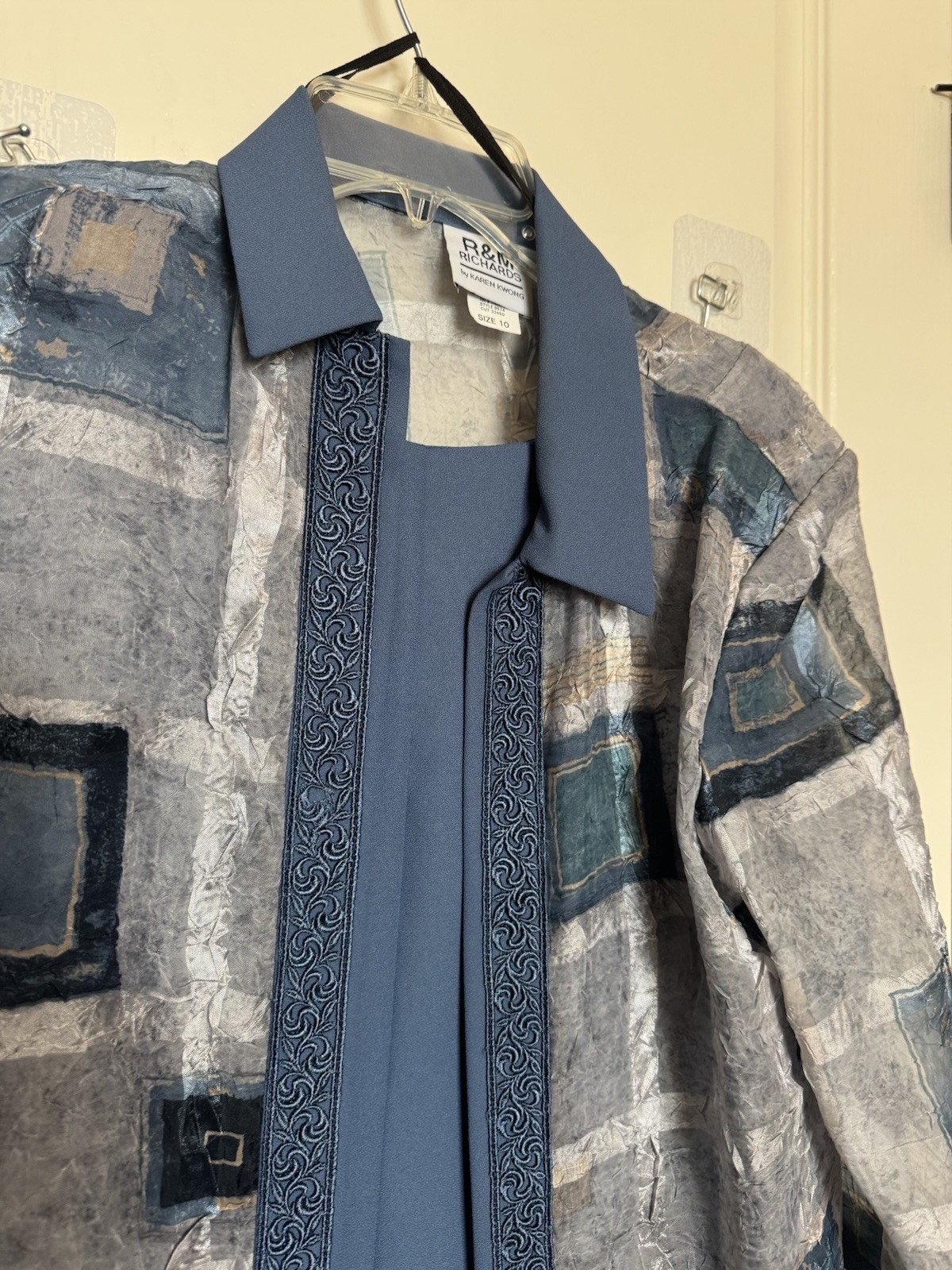 R&M Richards Women's Dress 2-Piece Maxi Jacket Blue White Size 10 Open Front