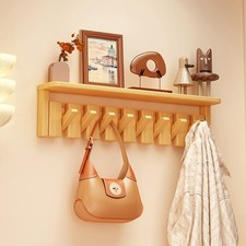 Home Wooden Coat Hat Rack Wall Mounted with 8 Wood Hooks Floating Shelf UK STOCK