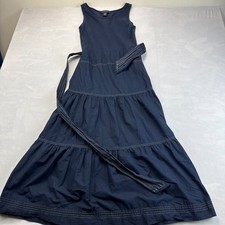 Tahari Tiered Dress Womens S Navy Blue Ribbed Sleeveless Round Neck Tie Waist