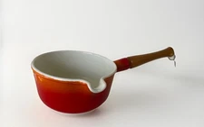 Vintage Descoware Flame Orange Enamel Cast Iron FE 8A Saucepan Spout Wood Handle