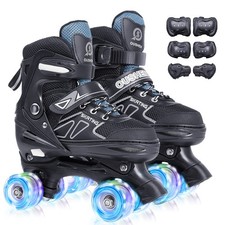Boys Double-Row Roller Skates with Protective Gear - One-Click 4-Size Adjusta...
