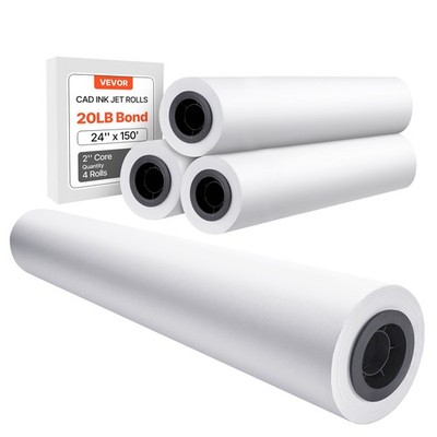 Wide Format Paper 24 in x 150 ft Plotter Paper 4 Rolls CAD Bond Rolls 2 in