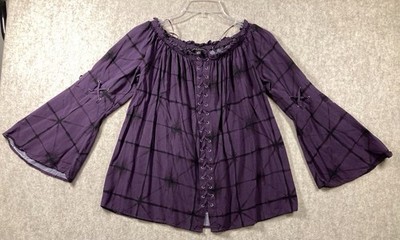 Rock & Republic Womens Lace Up Top Blouse Medium Purple Bell Sleeve