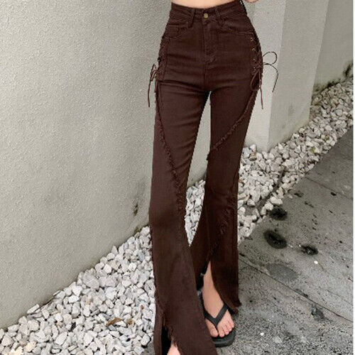 Vintage Style Women Flared Bell Bottom Denim Jeans Pants Raw Hem