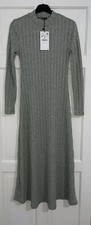 ZARA GREEN MARL SOFT TOUCH MIDI RIBBED KNIT DRESS WITH FLARED HEM SIZE M BNWT