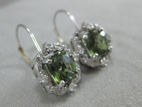 FANCY 3.25CTW DIAMOND GREEN TOURMALINE HANGING 14K W GOLD CUSHION EARRINGS E3920 - Picture 5 of 12