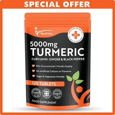 MULTIVITA TURMERIC 5000mg + Ginger + Black Pepper - 120 Vegan Tablets - 95% Curcuminoids