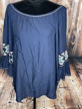 NWT Max Studio Peasant top blouse boho 3/4 sleeve 1X Blue floral embroidered