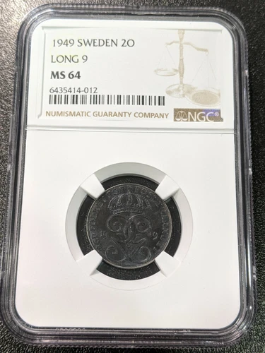 1949 MS64 Sweden Iron 2 Ore NGC KM 811 Only 2 Graded Higher! LONG 9 Variety
