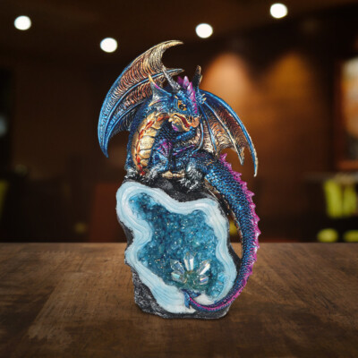Dragon Guarding Faux Crystal Cave Statue 8"H Figurine Home Decor Unique ...