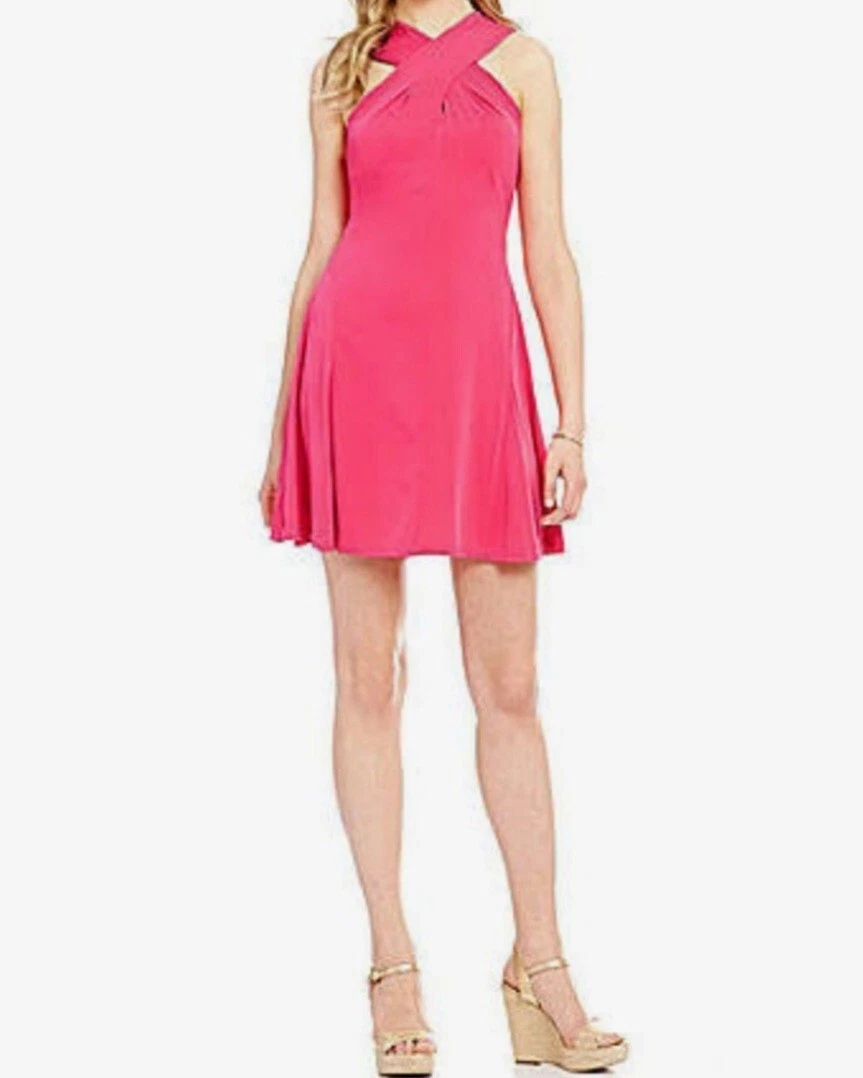 MICHAEL KORS Tg 14 Mini Abito Donna Halter Scollo Incrociato Rosa Elettrico Nuovo con etichette $98